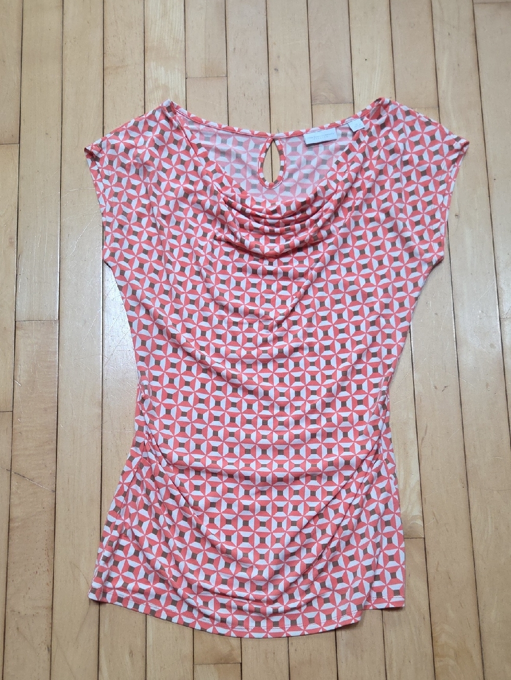 New York & Company Coral, White & Brown Geometric Cowl Neck Top